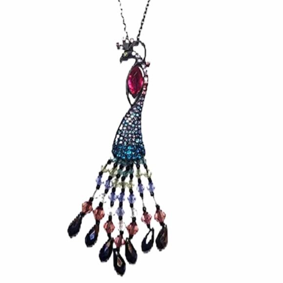 Betsey Johnson Peacock Necklace Black Blue Pink - Picture 2 of 5